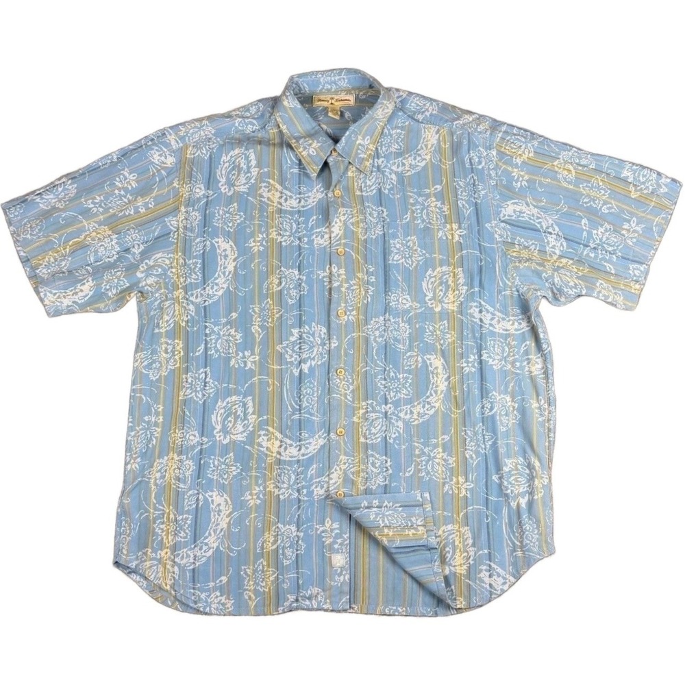 Tommy Bahama Men's L Blue Paisley Striped Lyocell Shirt Summer Camp Short Sleeve